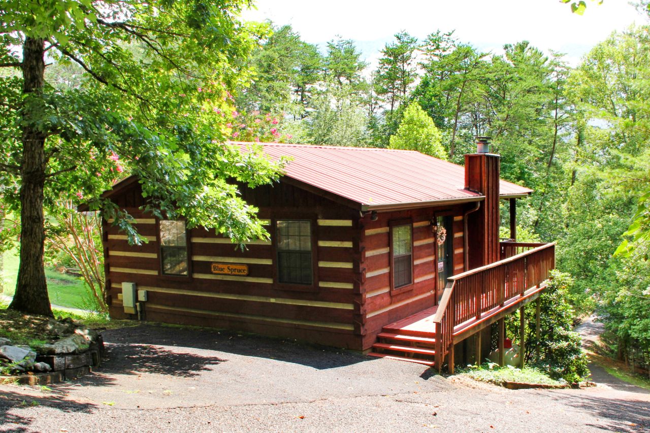 front view of log cabin