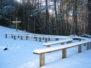 snow covered benches