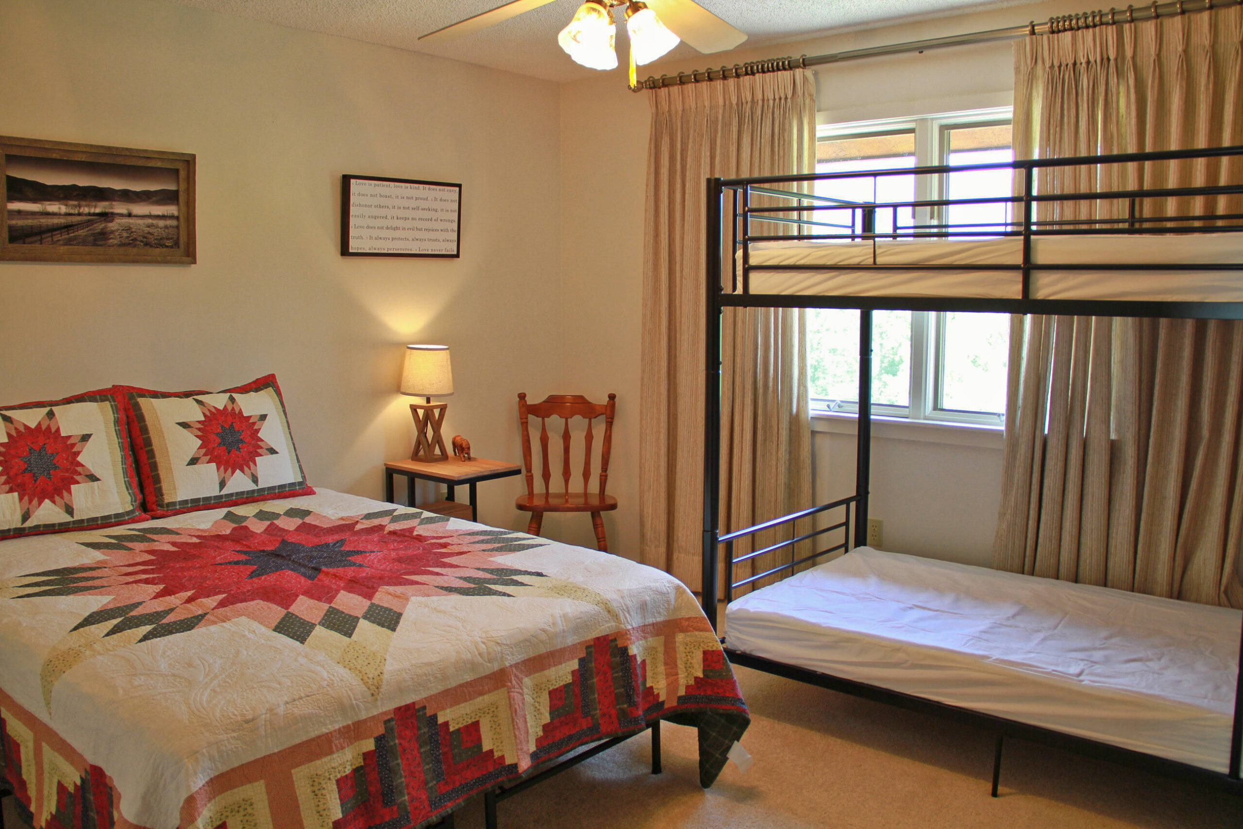 queen bed with bunk bed