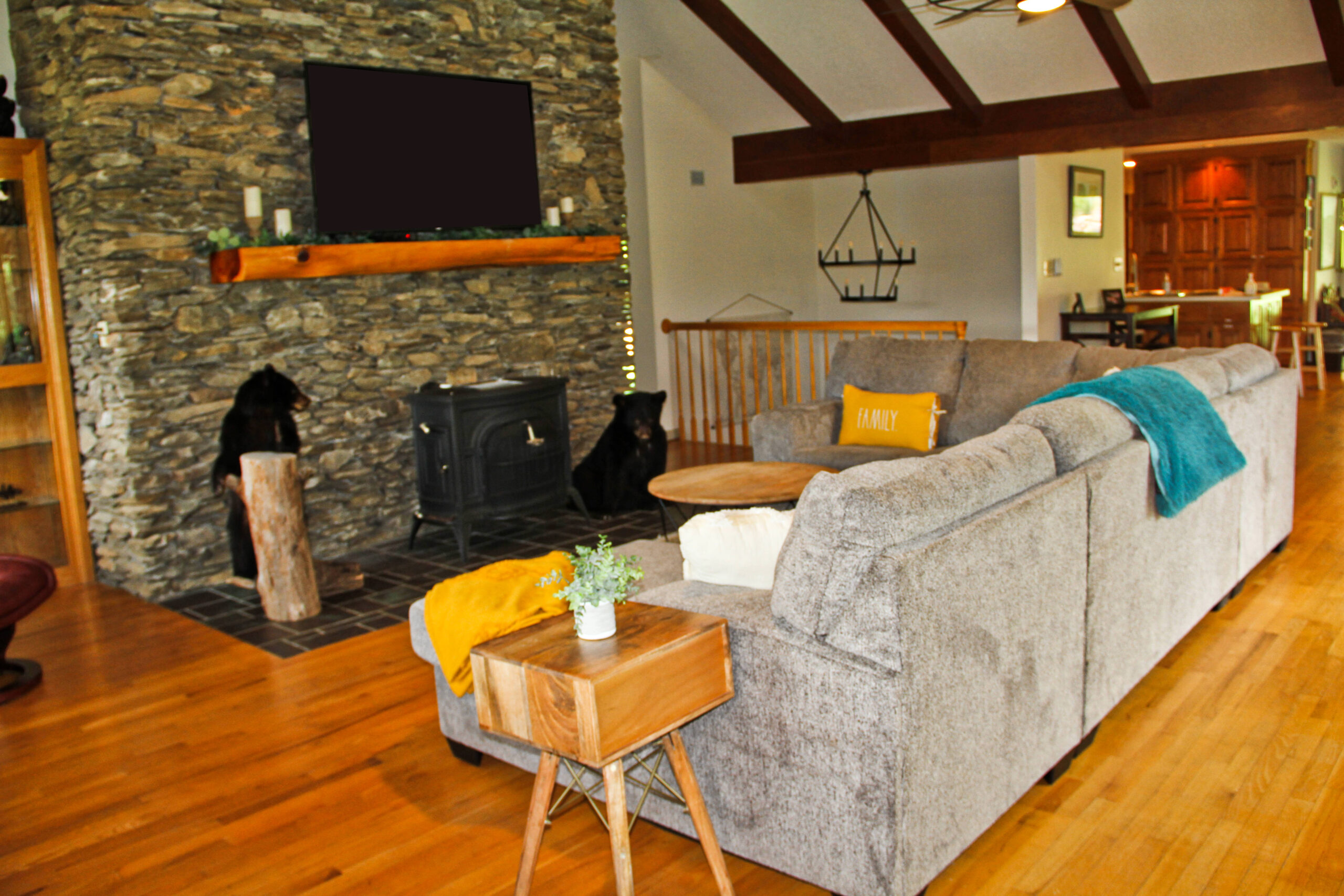 sofa facing wood stove and large screen TV